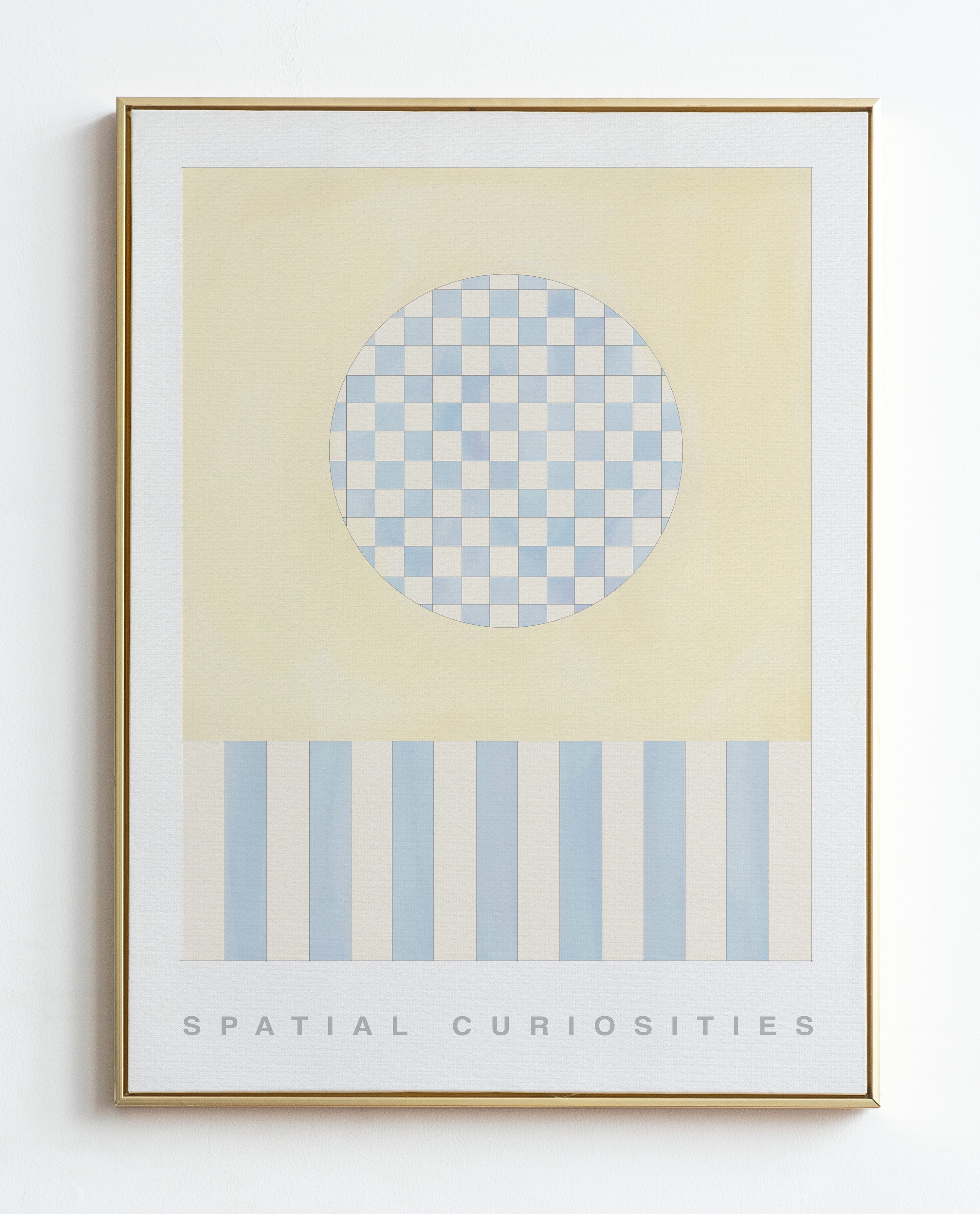 Framed abstract art print with geometric patterns on a light background