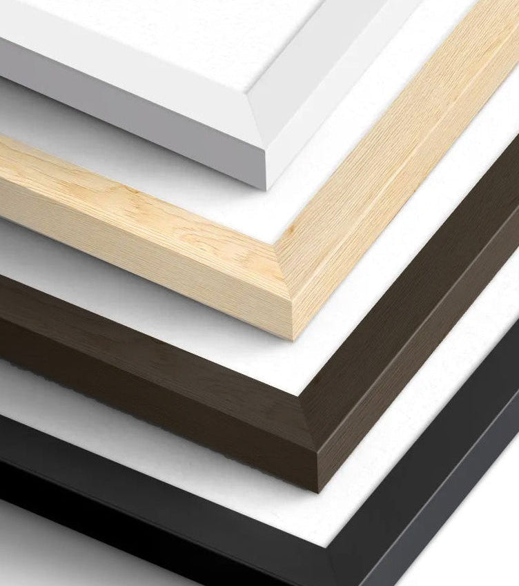 Four wooden picture frames in different colors on a white background