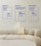 Beige sofa with size chart on a white wall