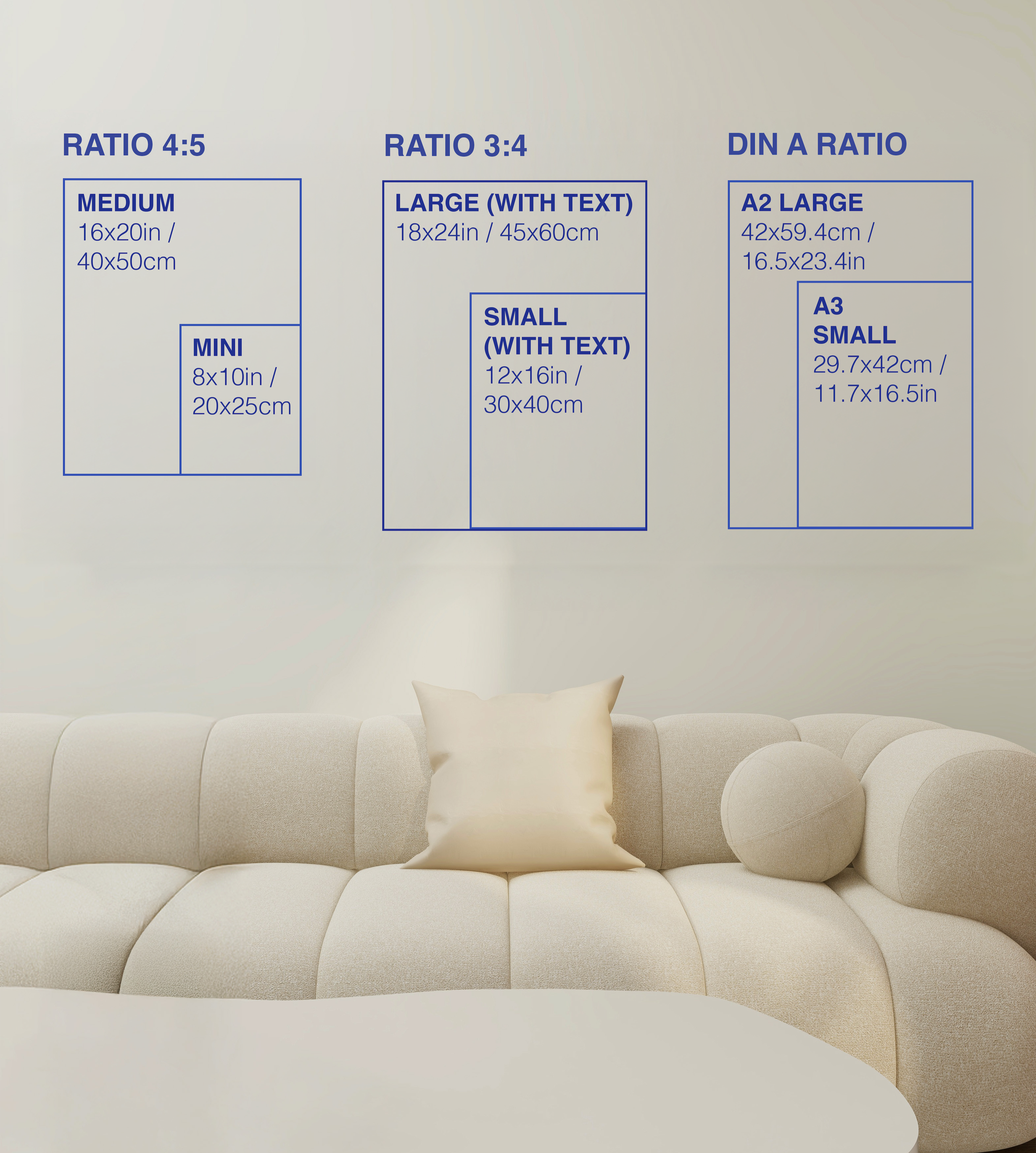 Beige sofa with size chart on a white wall