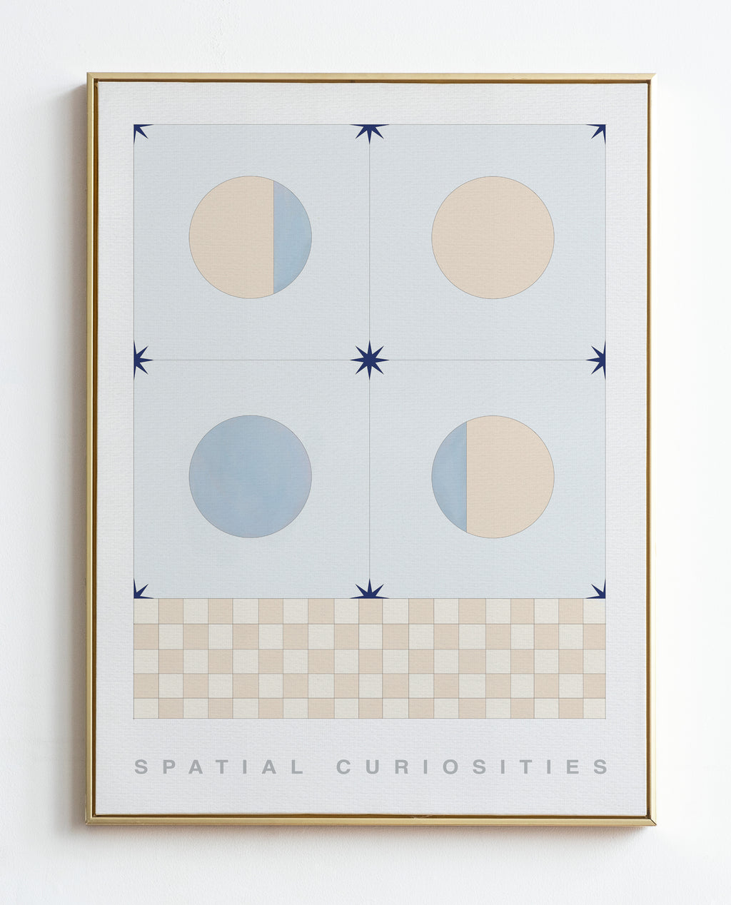 Framed artwork with geometric shapes and patterns on a white background