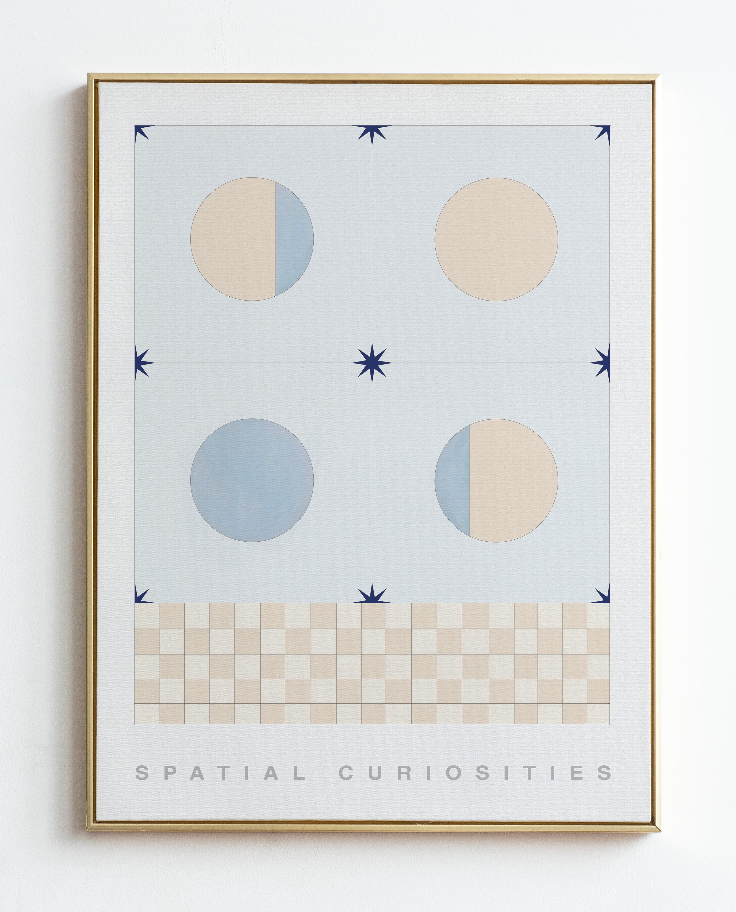 Framed artwork with geometric shapes and patterns on a white background