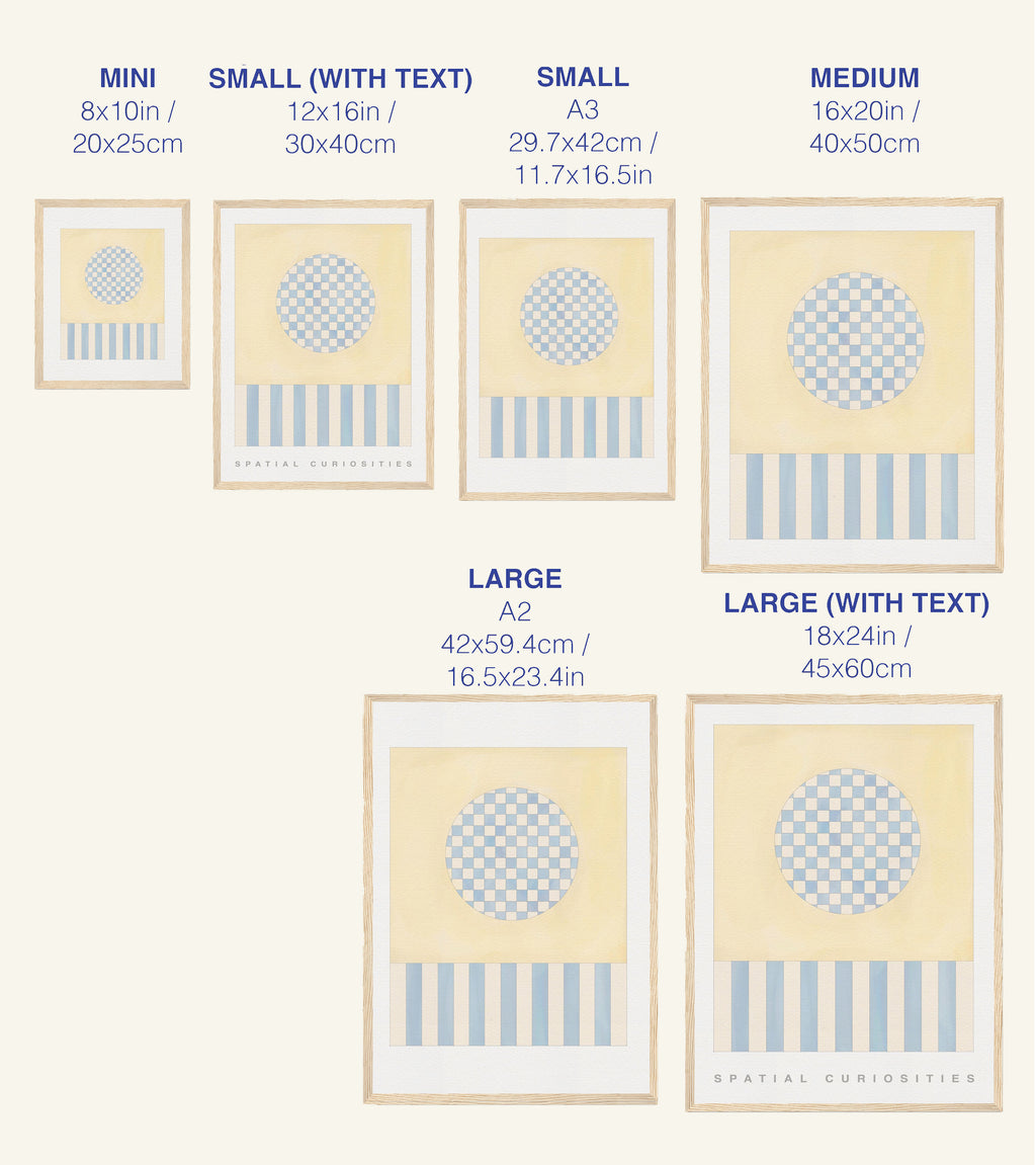 Size chart for prints with dimensions and text labels on a white background