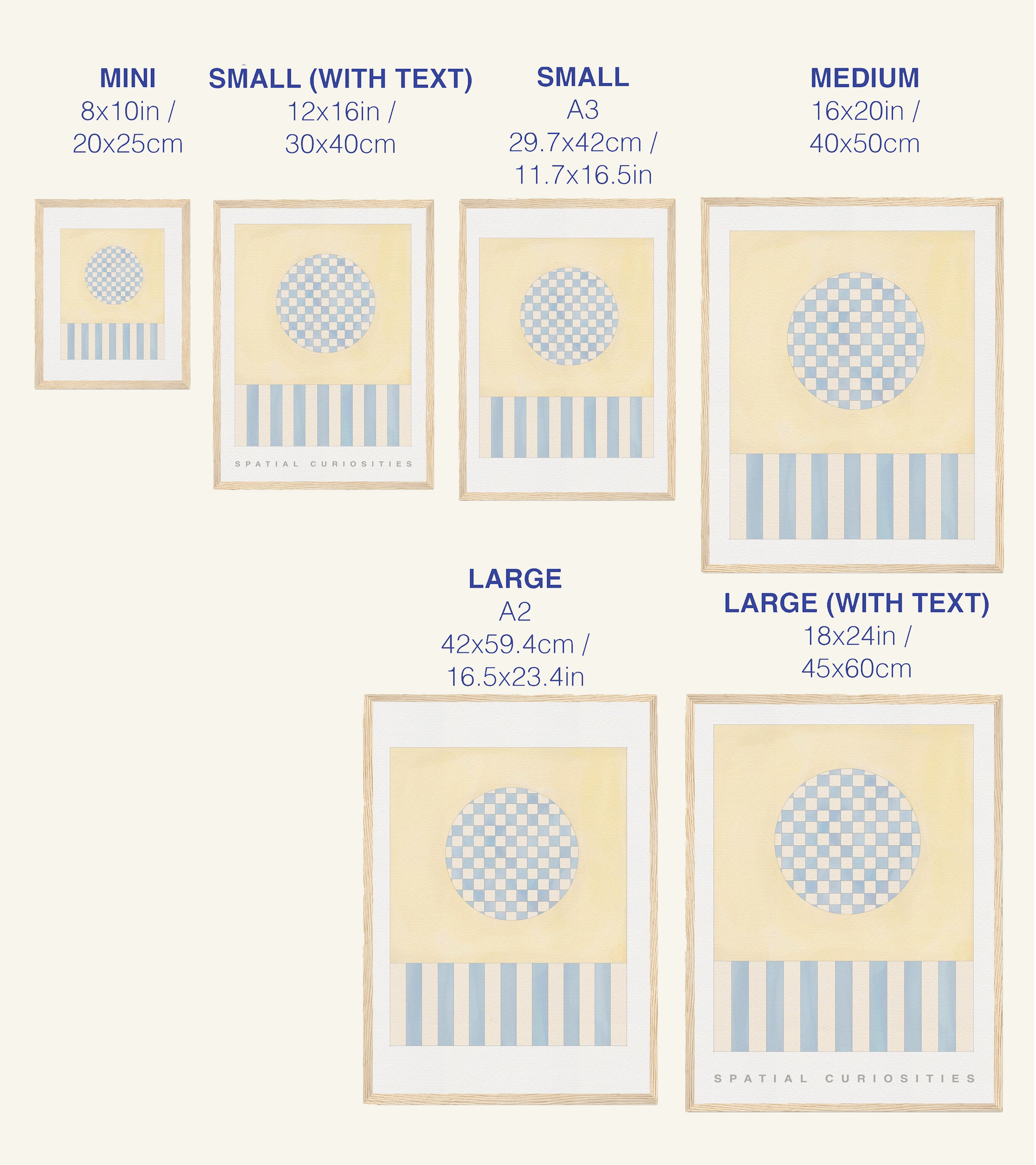 Size chart for prints with dimensions and text labels on a white background