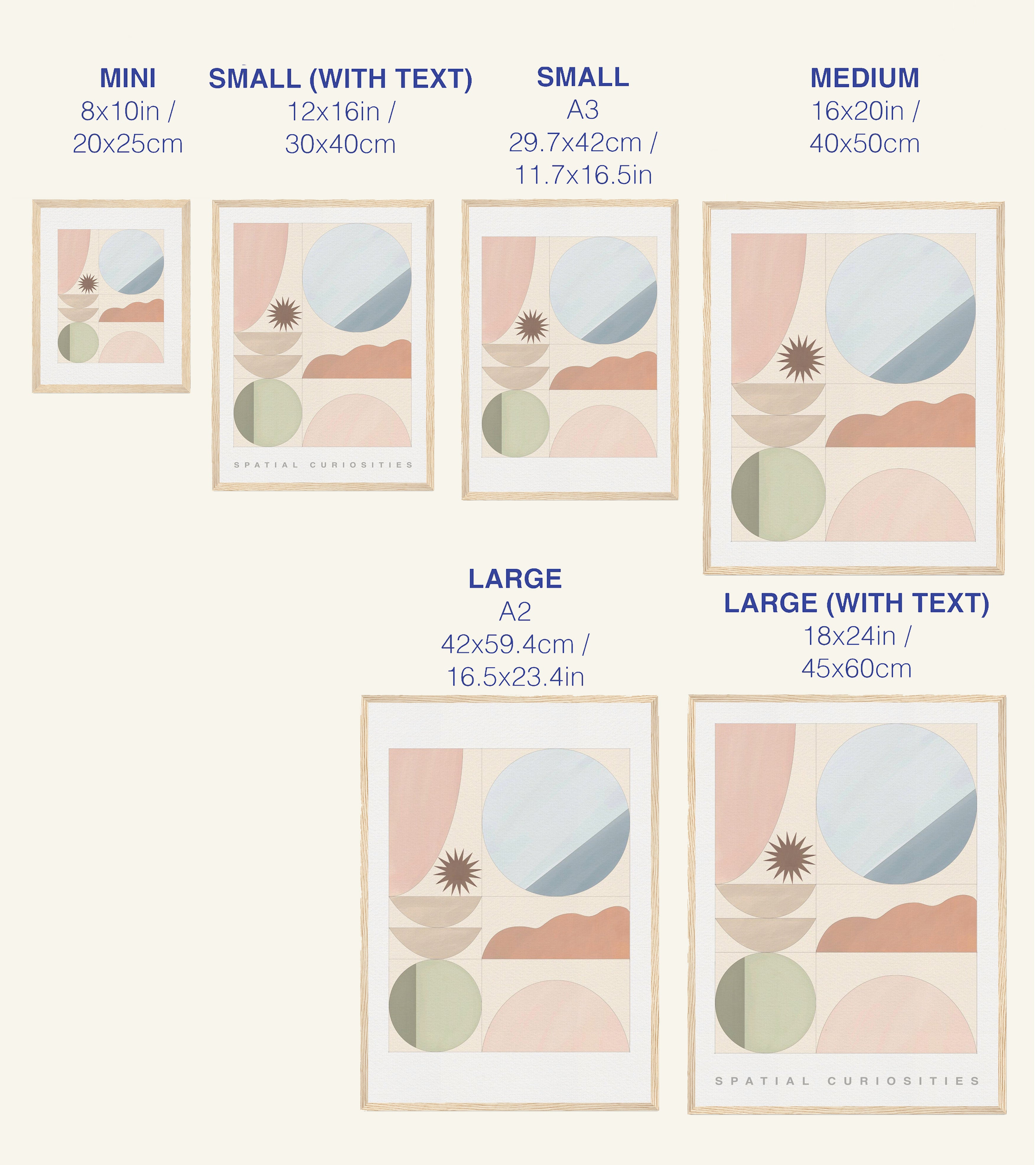 Size chart for prints with corresponding dimensions on a white background