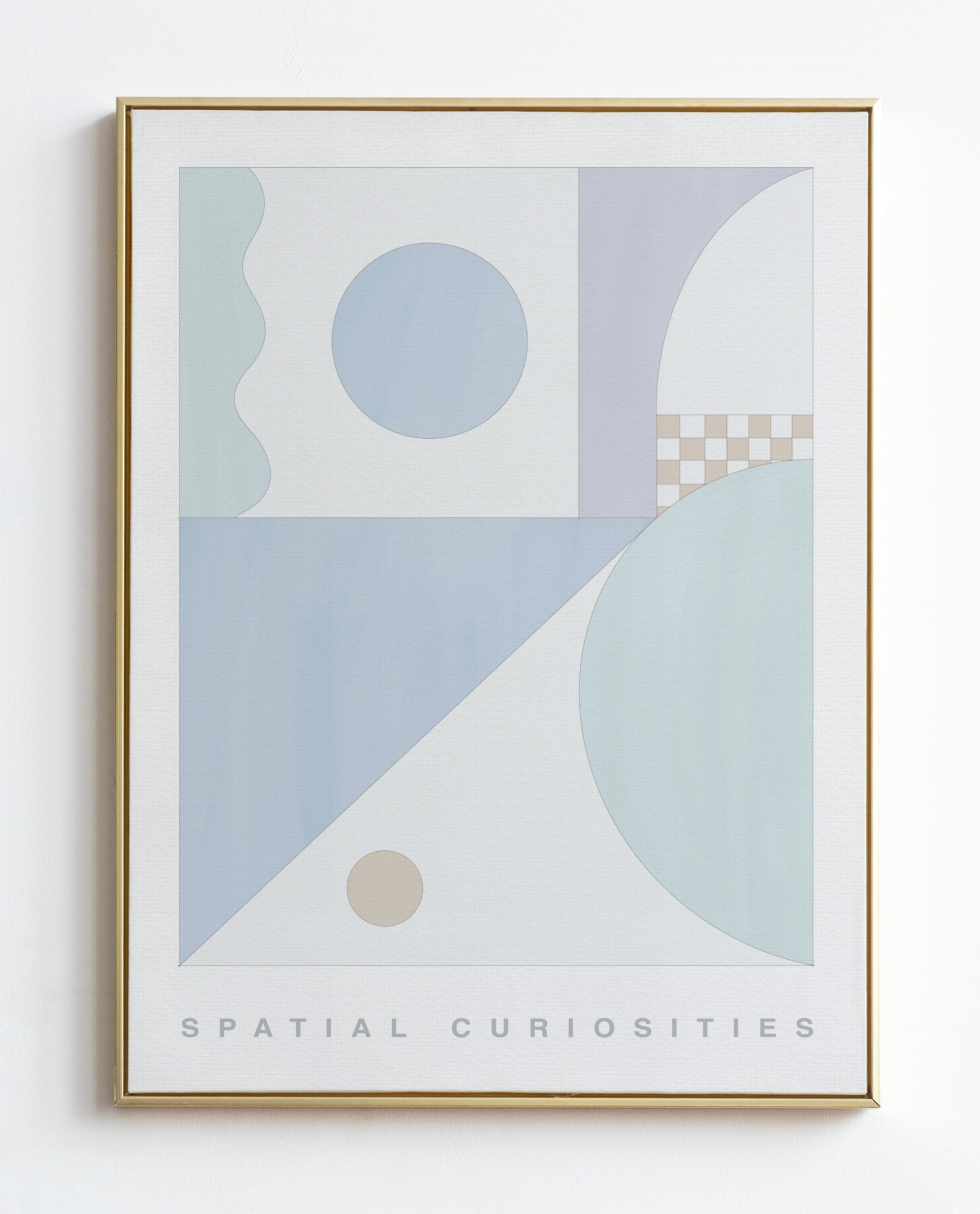 Framed abstract art print with geometric shapes on a white background