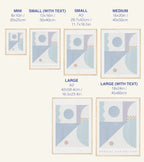 Size chart for prints with geometric designs on a white background