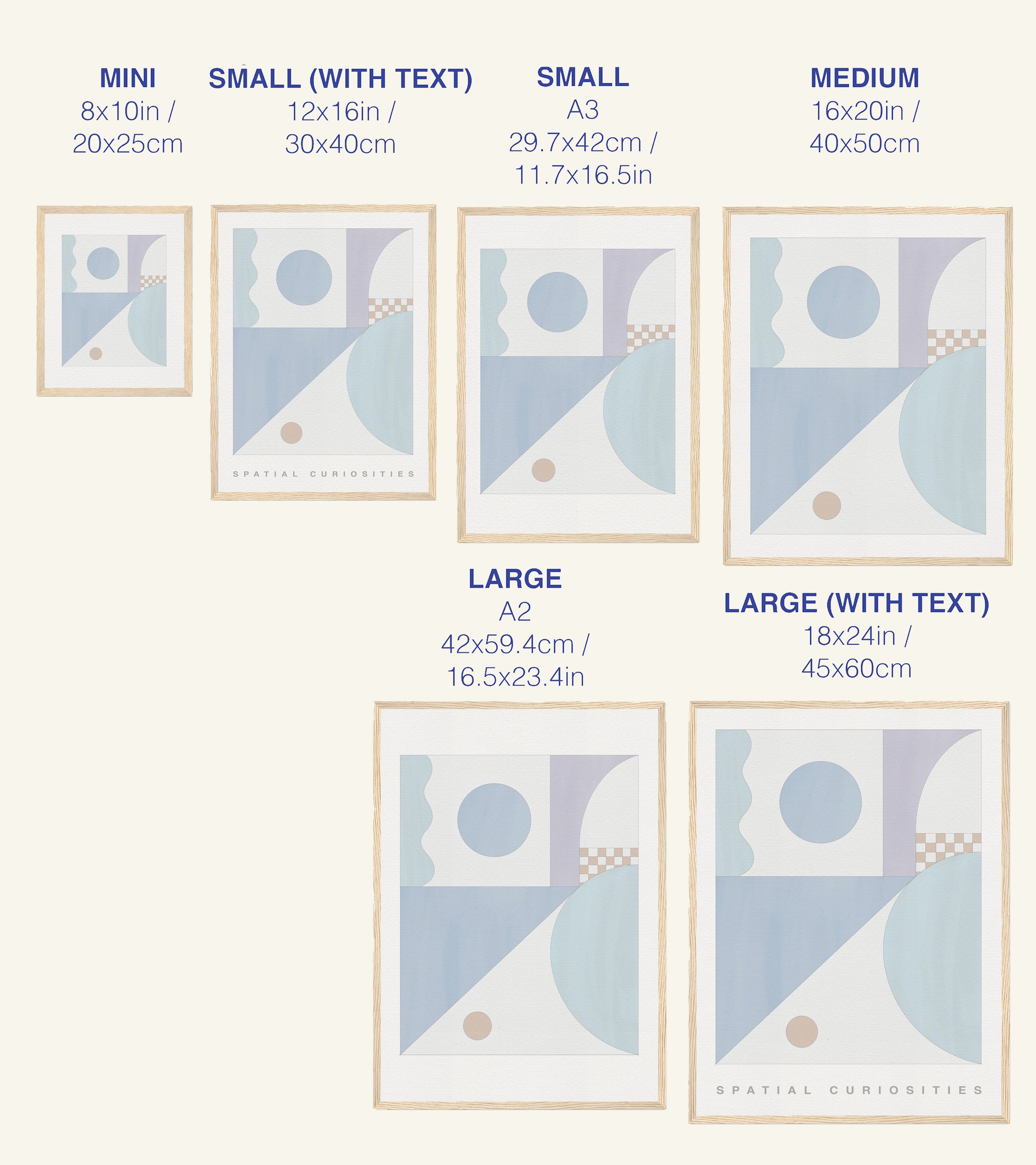 Size chart for prints with geometric designs on a white background