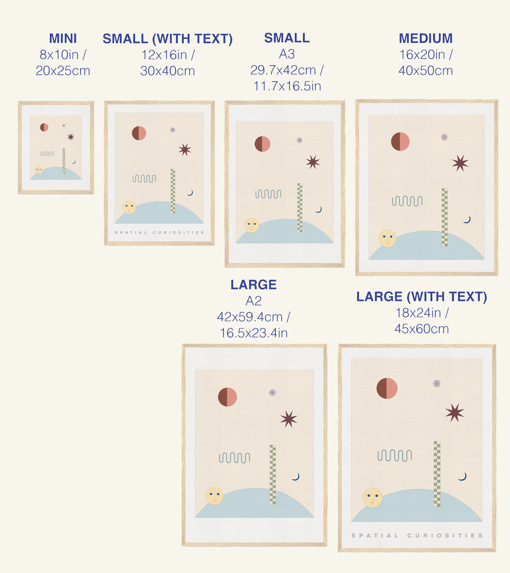 Size chart for prints with dimensions and text labels on a white background