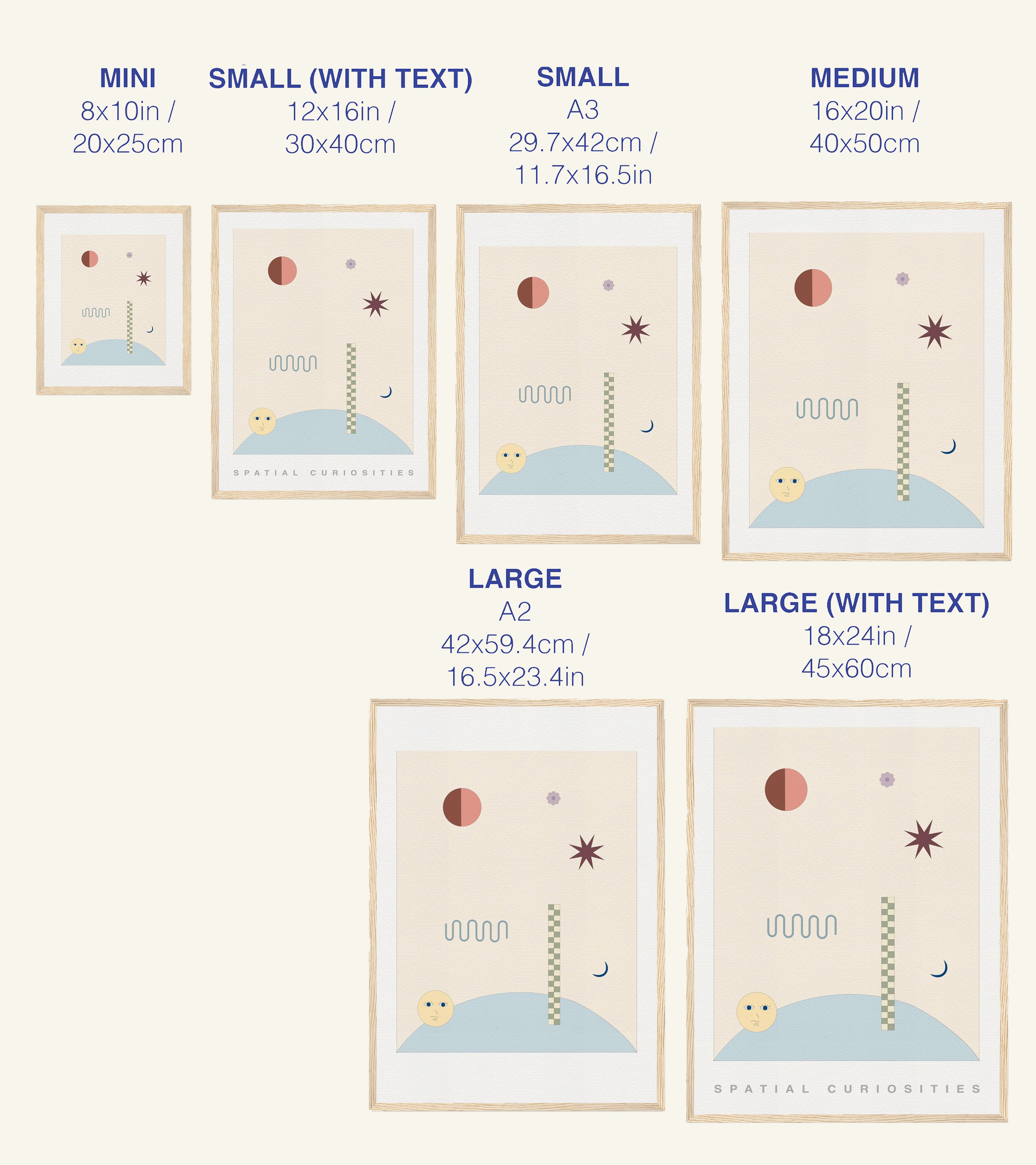 Size chart for prints with dimensions and text labels on a white background