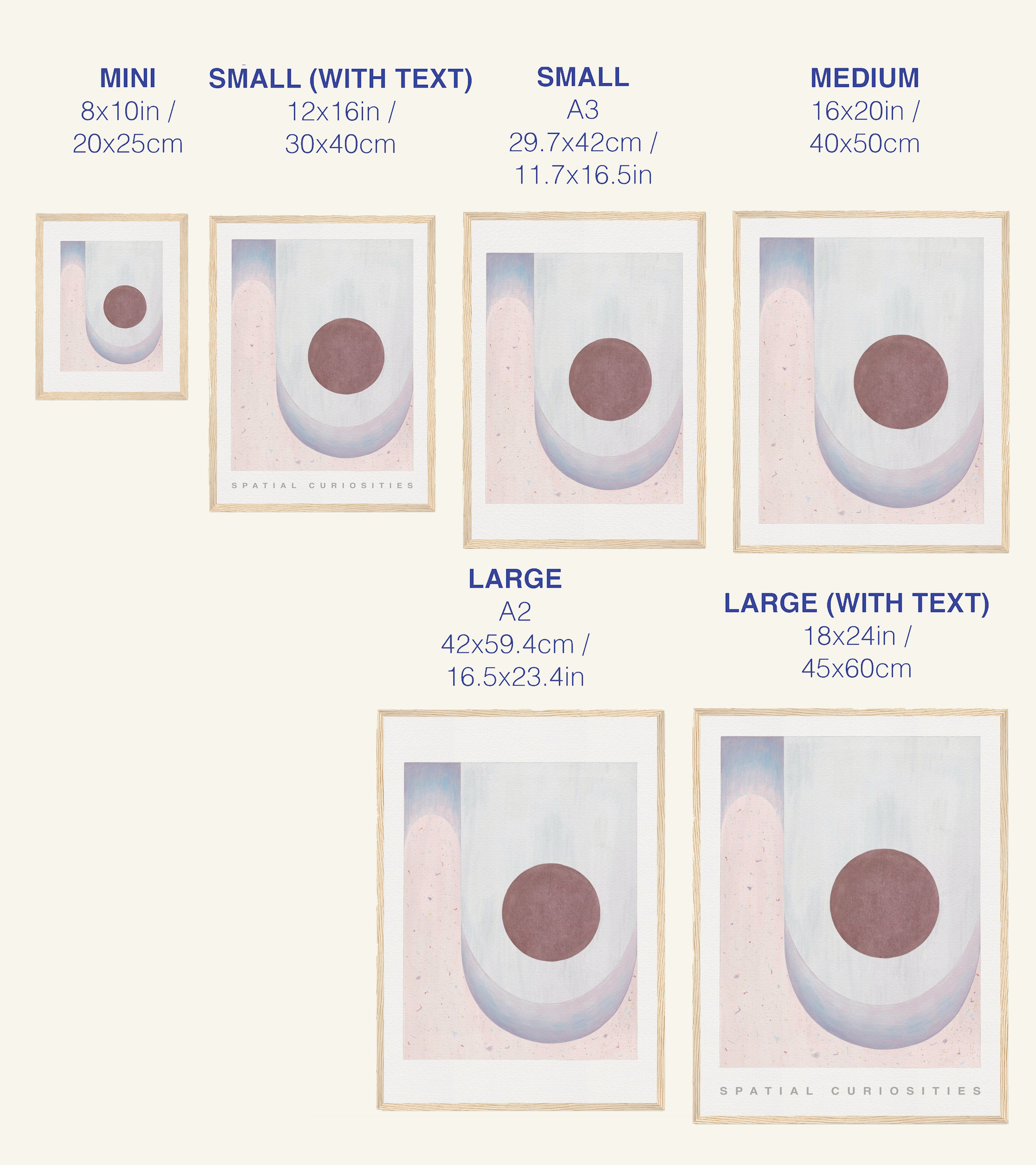 Size chart for prints with dimensions listed in both inches and centimeters.