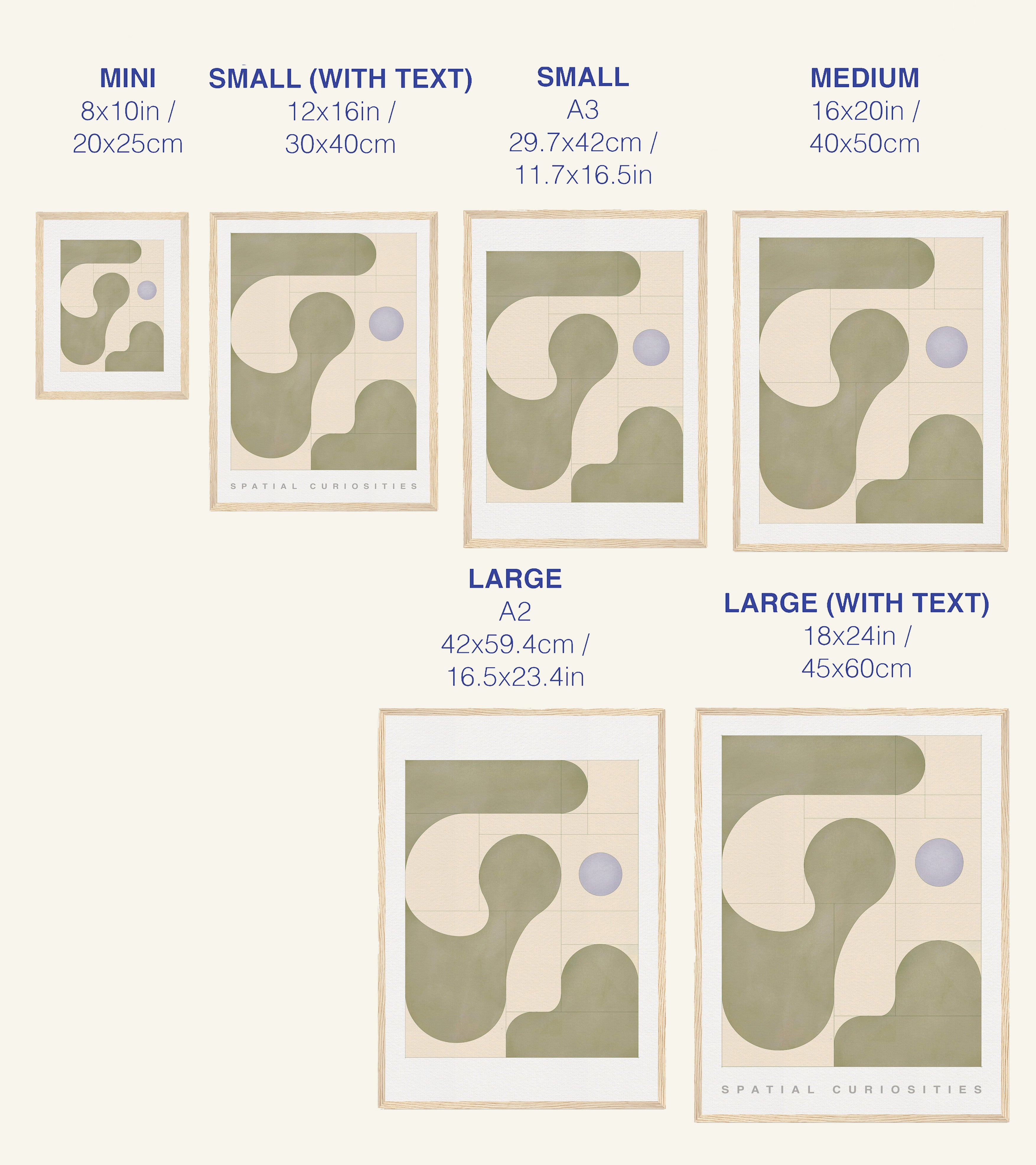 Size chart for prints with dimensions and text labels on a white background