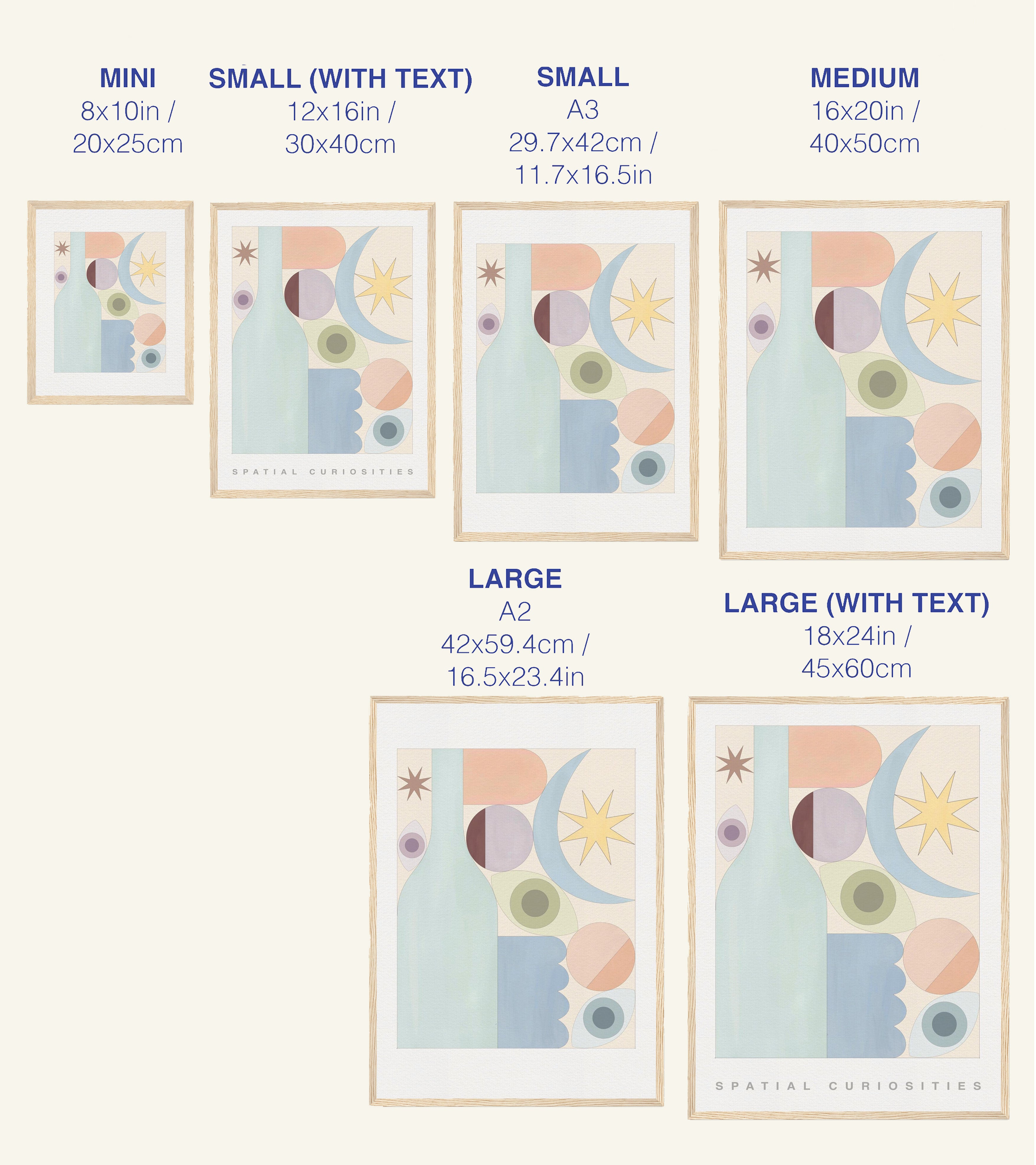 Size chart for prints with dimensions and text labels on a white background