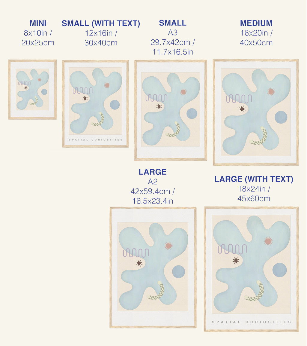 Size chart for prints with dimensions labeled from mini to large.