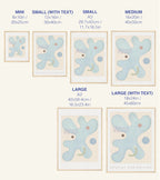 Size chart for prints with dimensions labeled from mini to large.