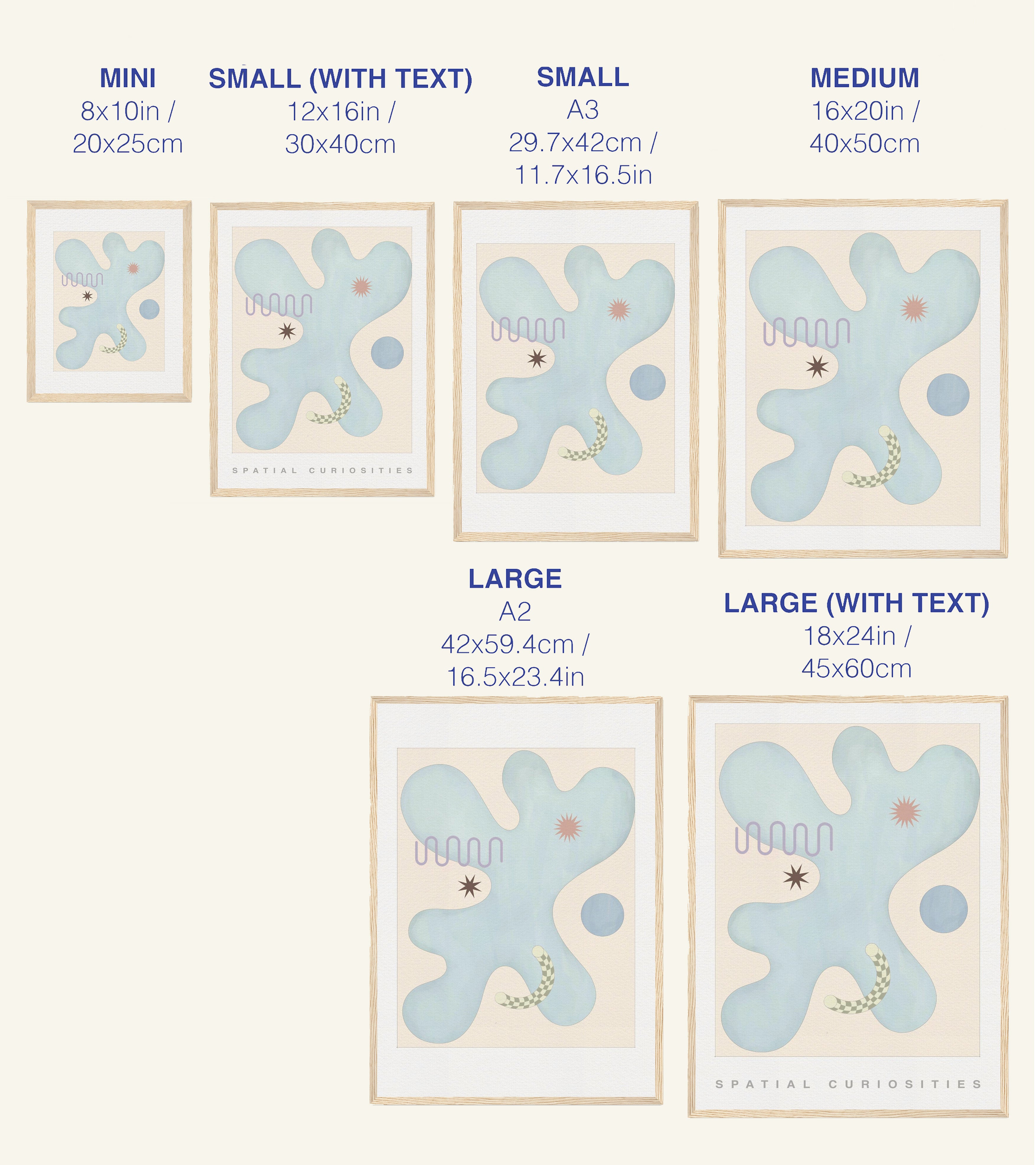 Size chart for prints with dimensions labeled from mini to large.