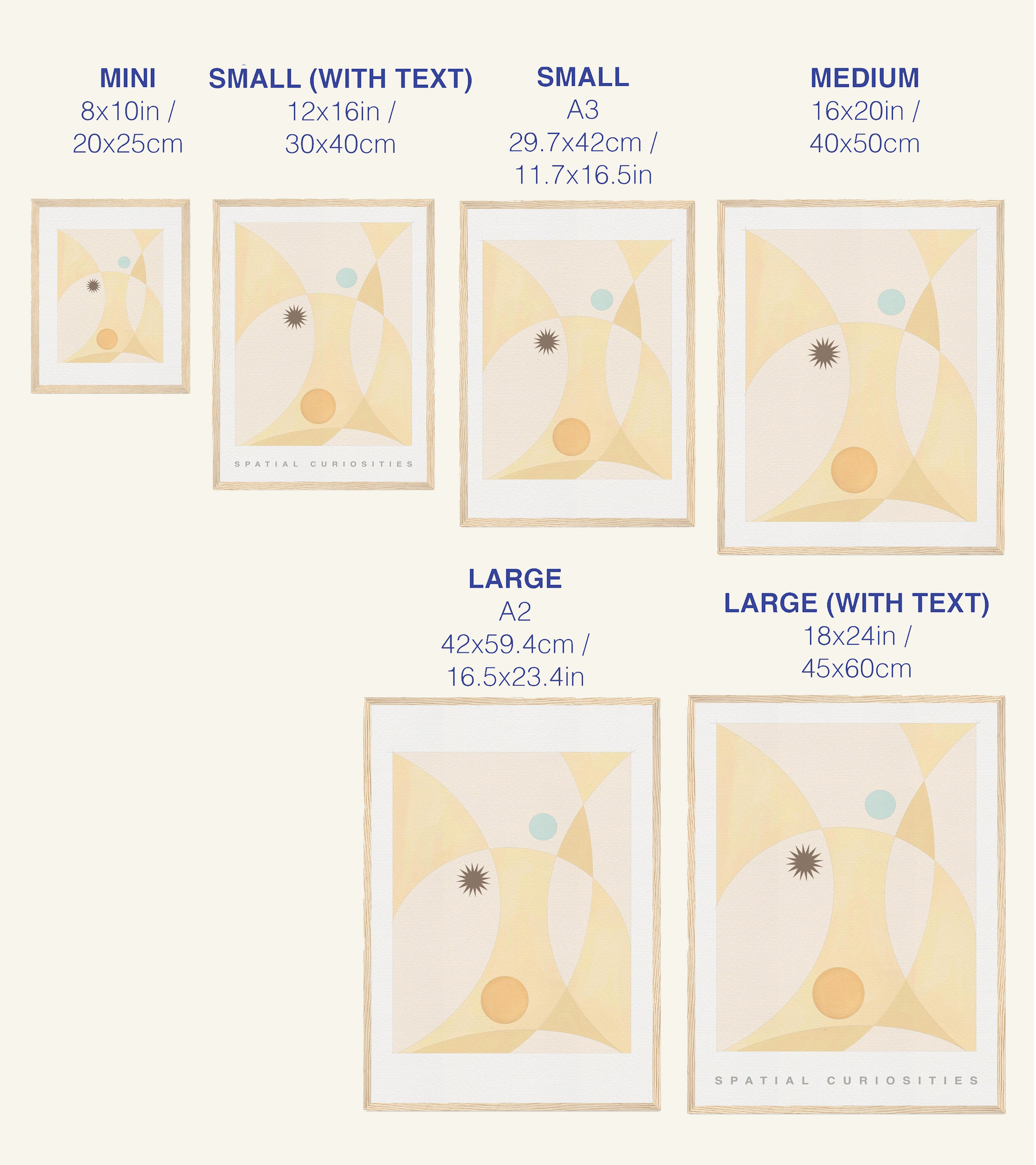 Size chart for prints with dimensions and text labels on a white background