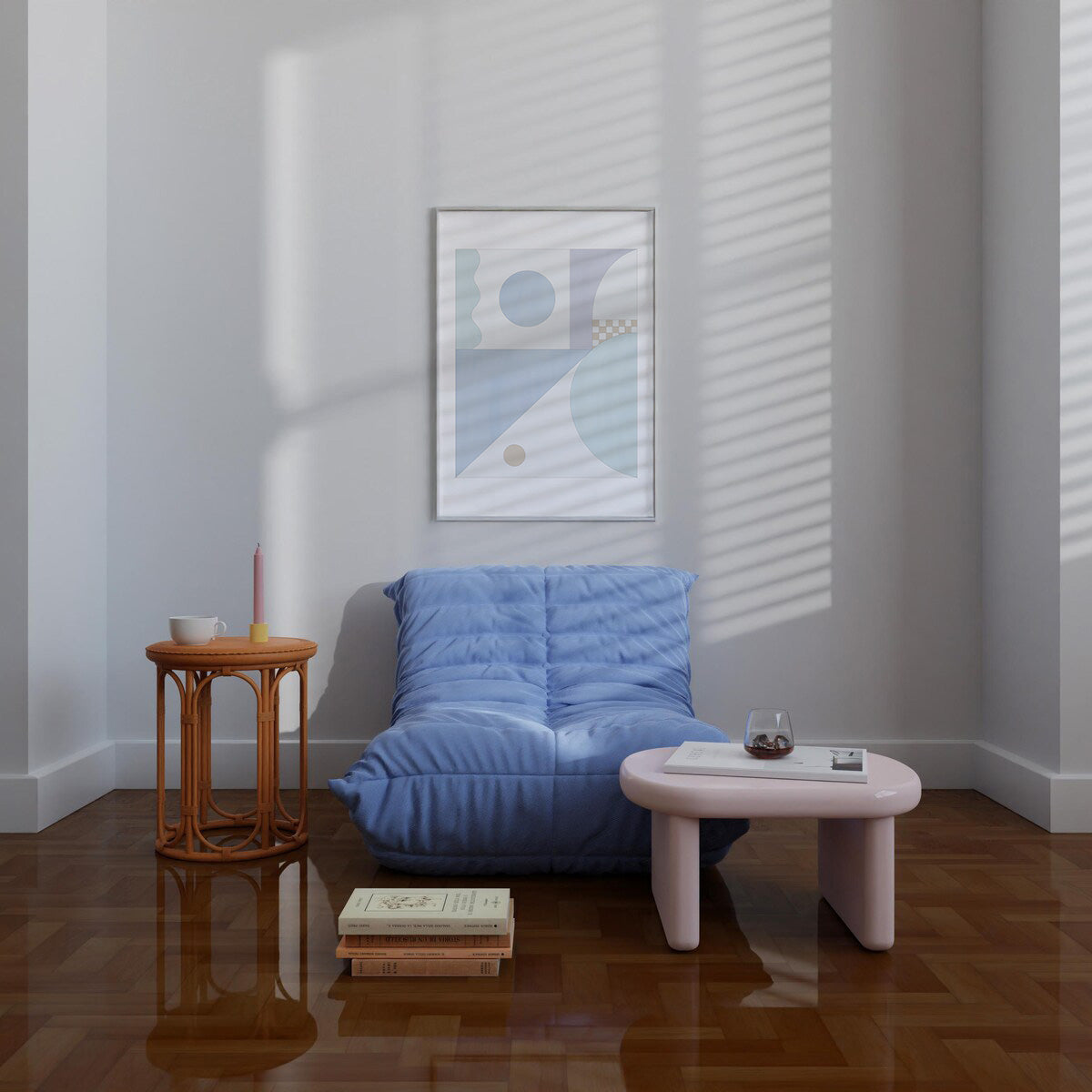 Modern living room with a blue bean bag chair, small table, and abstract art on the wall.